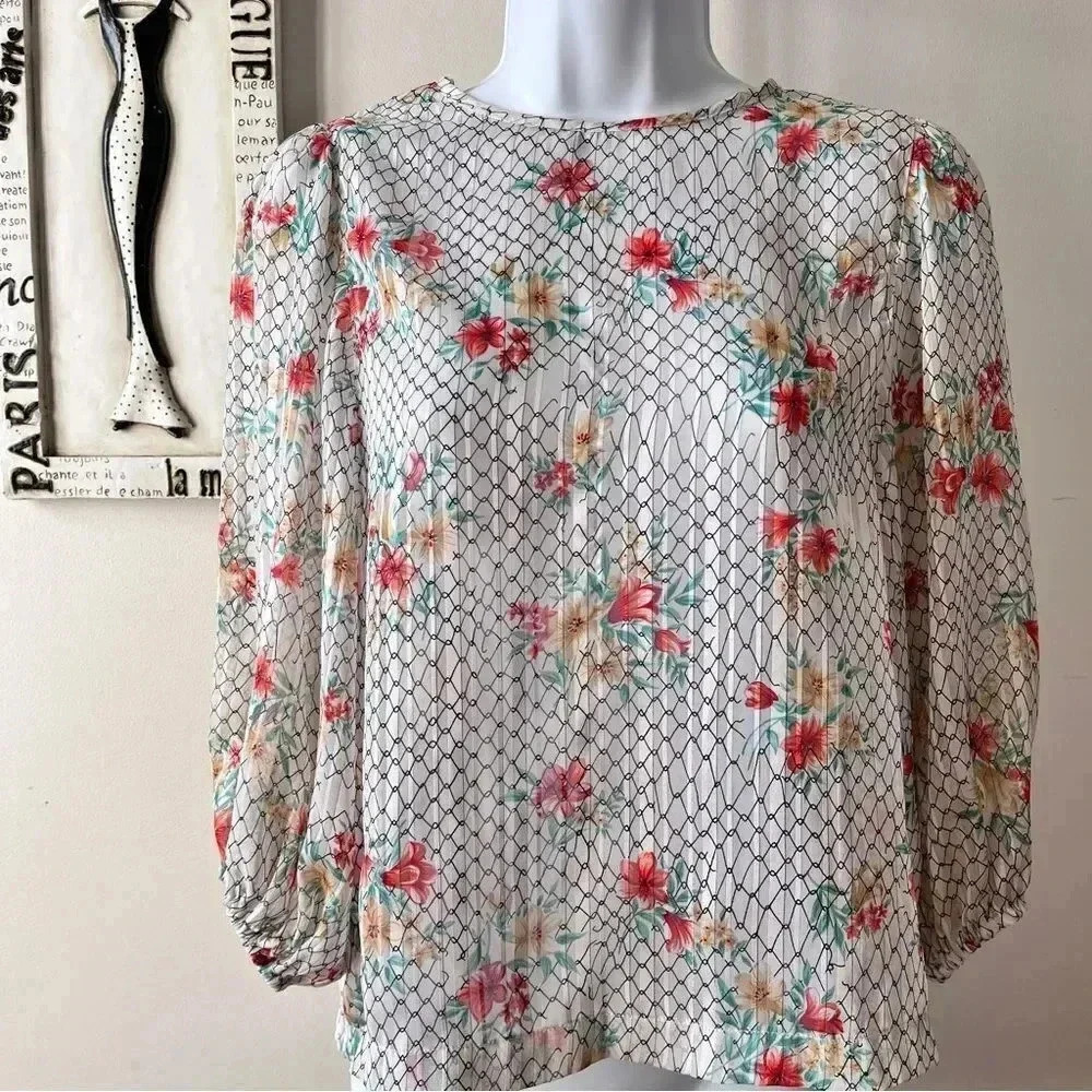 Vintage Boho Cottagecore Dainty White Sheer Floral Print Puff Sleeve Top Sz XS-S